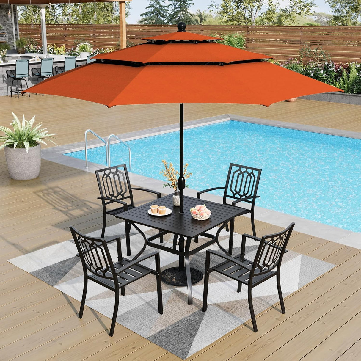 PHI VILLA 5-Piece Metal Patio Outdoor Table and Chairs Outdoor Dining Set - 37" Square Patio Table w/1.57" Umbrella Hole and 4 Backyard Garden Stackable Dining Chairs, Black PHI VILLA