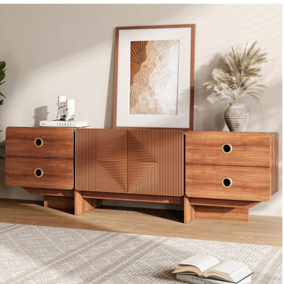 JOINICE TV Stand, Boho TV Stand for Living Room, Mid Century Modern TV Stand, Storage Cabinet and Entertainment Center, Modern TV Console Table for 75+ Inch TV(Cherry 66")