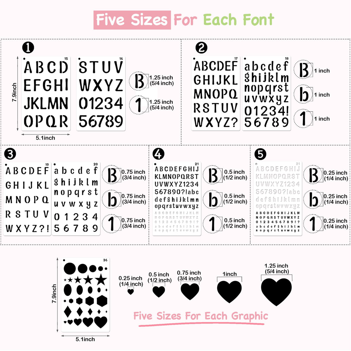 Midenco Reusable Small Letter Stencils for Painting, 36 Pcs (1/4, 1/2, 3/4, 1, 5/4 in.) Plastic Templates with Number & Alphabet - DIY Crafts Midenco
