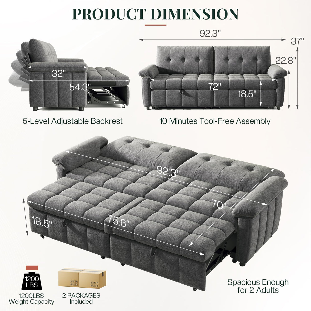 Jocisland 93” Convertible Sofa Bed with Pull-Out Sleeper, 4-in-1 Couch with 5-Position Backrest, Tufted Chenille, Easy 10-Min Assembly, Modern Couch for Living Room & Guests – Gray Jocisland