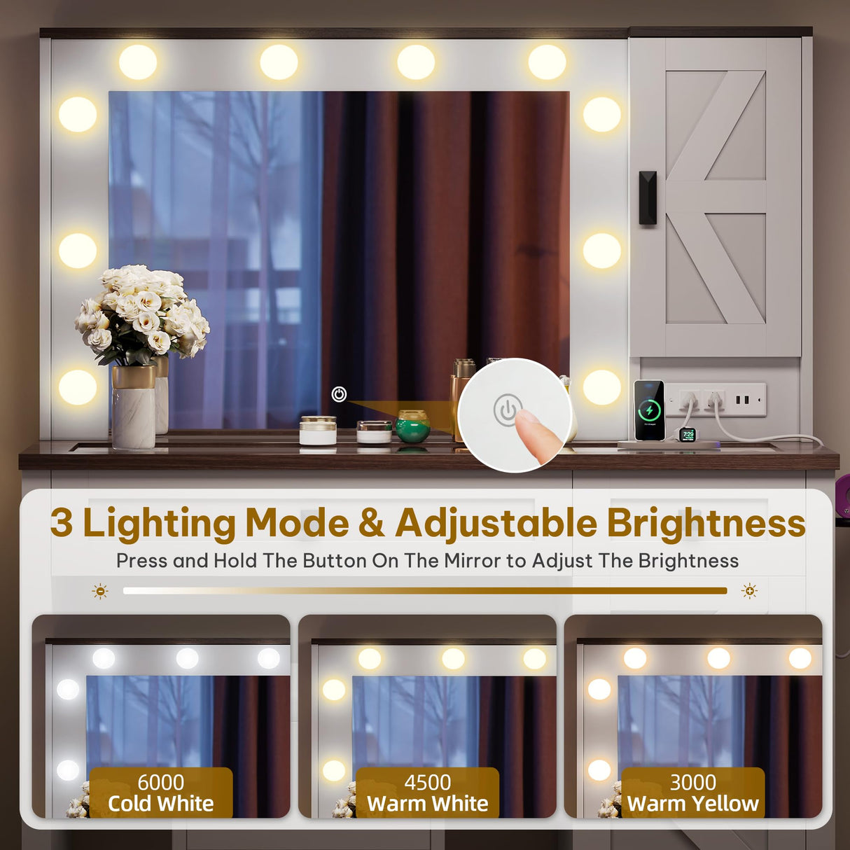 YITAHOME Farmhouse Makeup Vanity Desk with Mirror and Lights, Retro Big Vanity Table Set with Charging Station, Makeup Desk with 2 Drawers & 2 Cabinets, 10 Dimmable Light Bulbs, for Bedroom, White YITAHOME