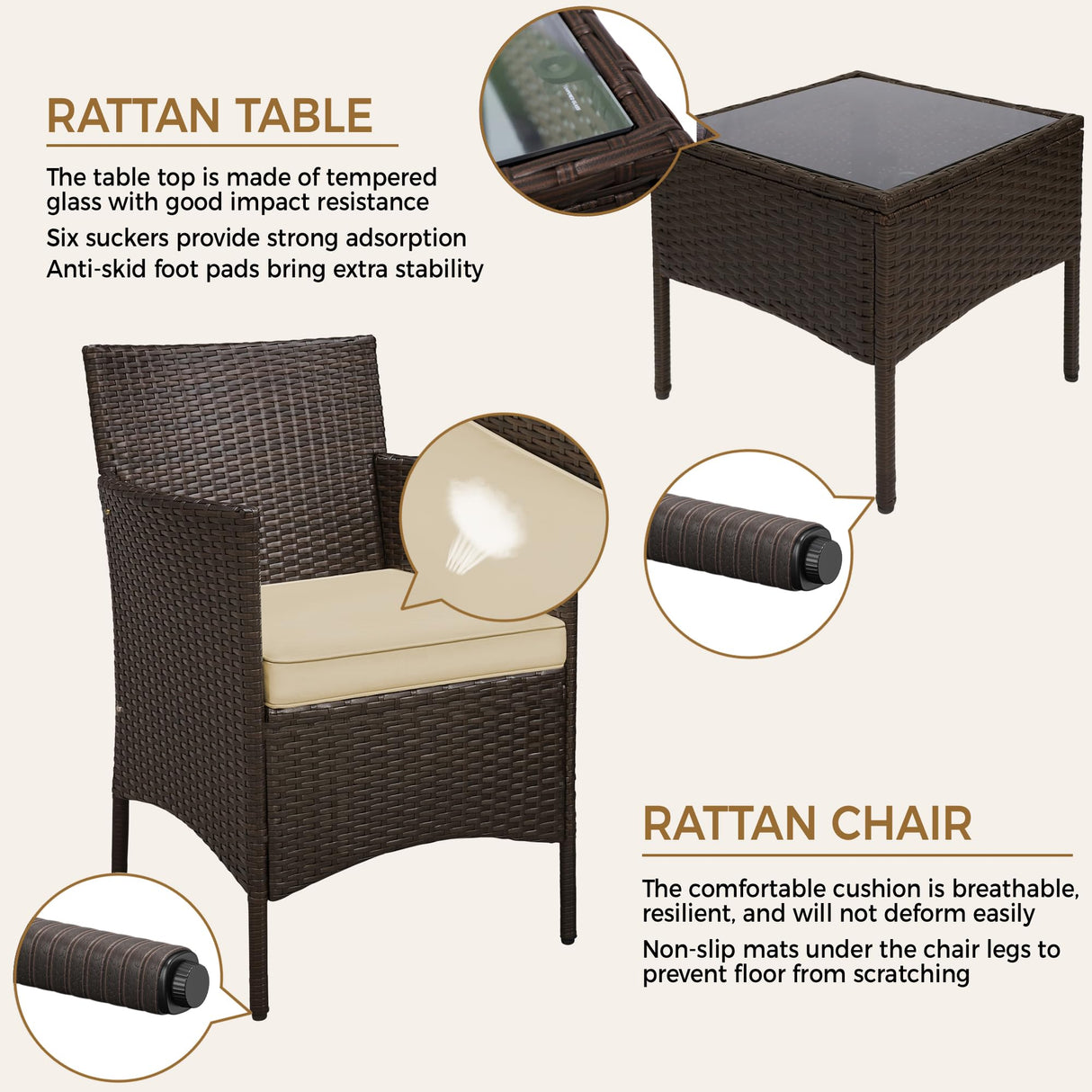 Yaheetech 3 Pieces Patio Porch Furniture Set, Outdoor PE Rattan Wicker Conversation Set with Soft Cushions, Glass Coffee Table & 2 Chairs for Garden/Deck/Courtyard/Poolside, Brown/Khaki Yaheetech