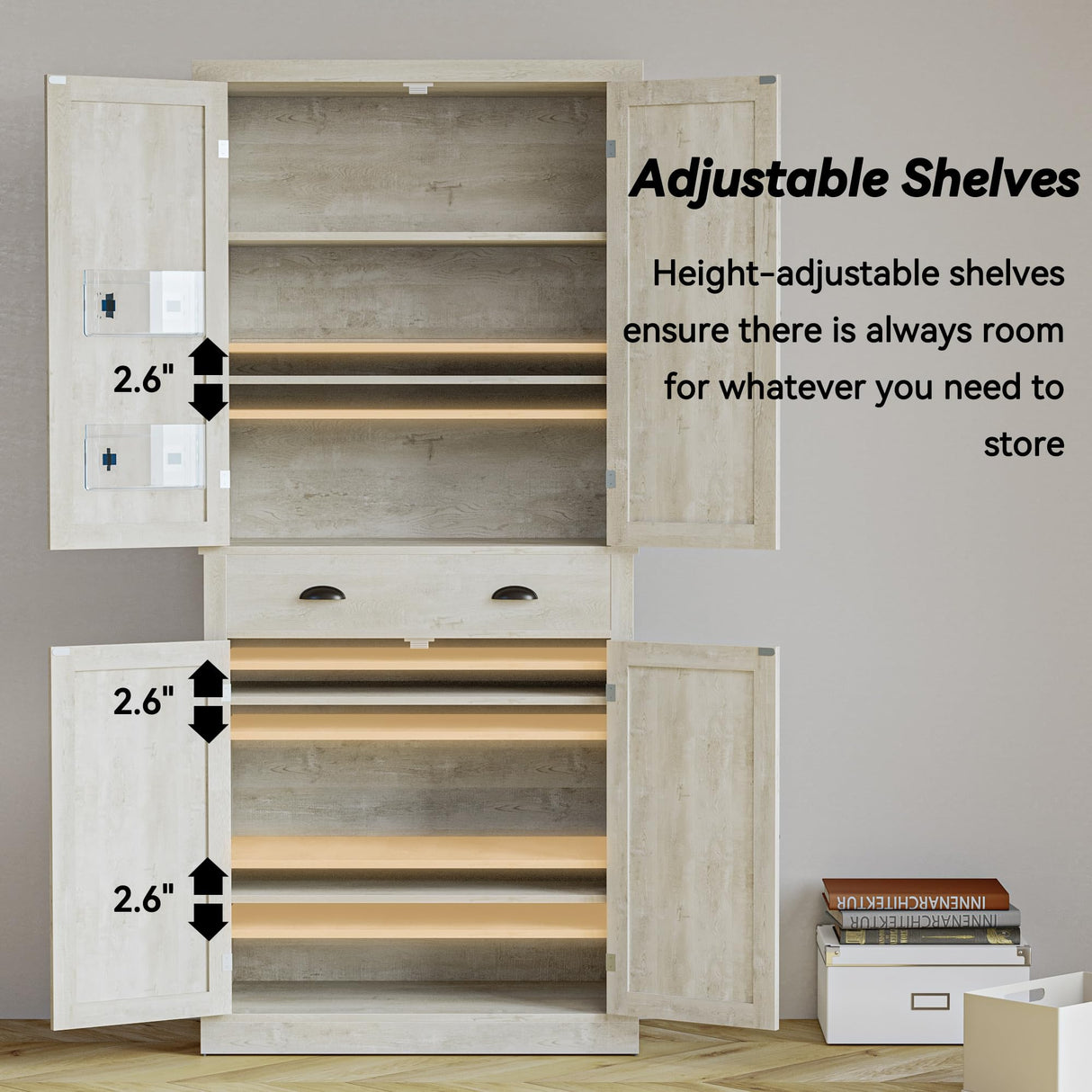 IRONCK Kitchen Pantry Storage Cabinet 72.6" H, with Barn Doors, Drawer, 4 Adjustable Shelves, Freestanding Cupboard for Dining Room Living Room, Laundry, Rustic Maple IRONCK