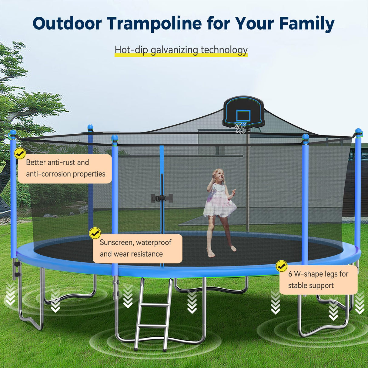 Tatub 16FT Trampoline for Kids and Adults, Outdoor Recreational Trampolines with Basketball Hoop & Enclosure Net, Blue Tatub