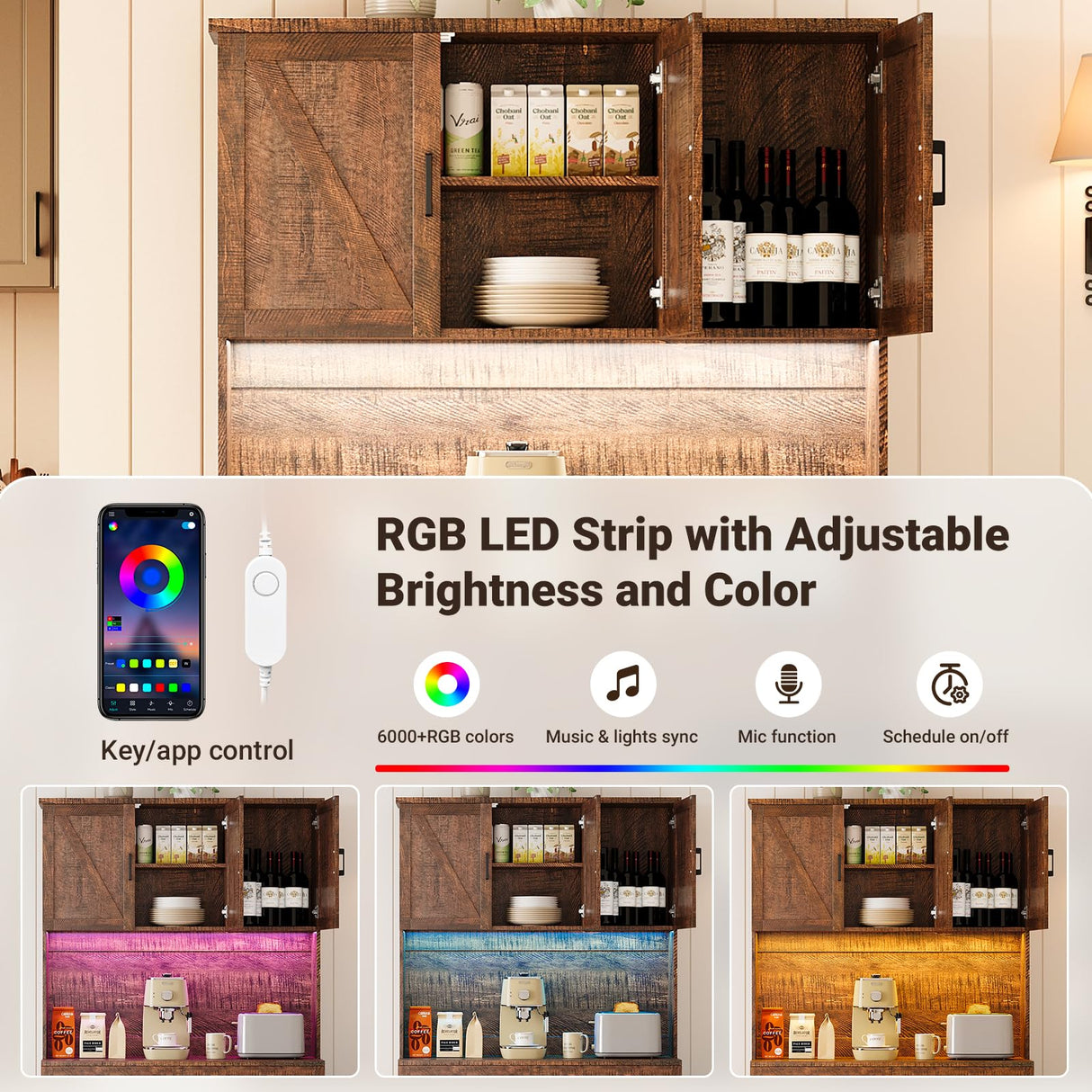 ELYKEN 71" Tall Ktchen Pantry Cabinet with Charging Station & LED Lights, Farmhouse Kitchen Hutch Cabinet with Microwave Stand & Large Countertop for Dining Room Living Room, Brown ELYKEN