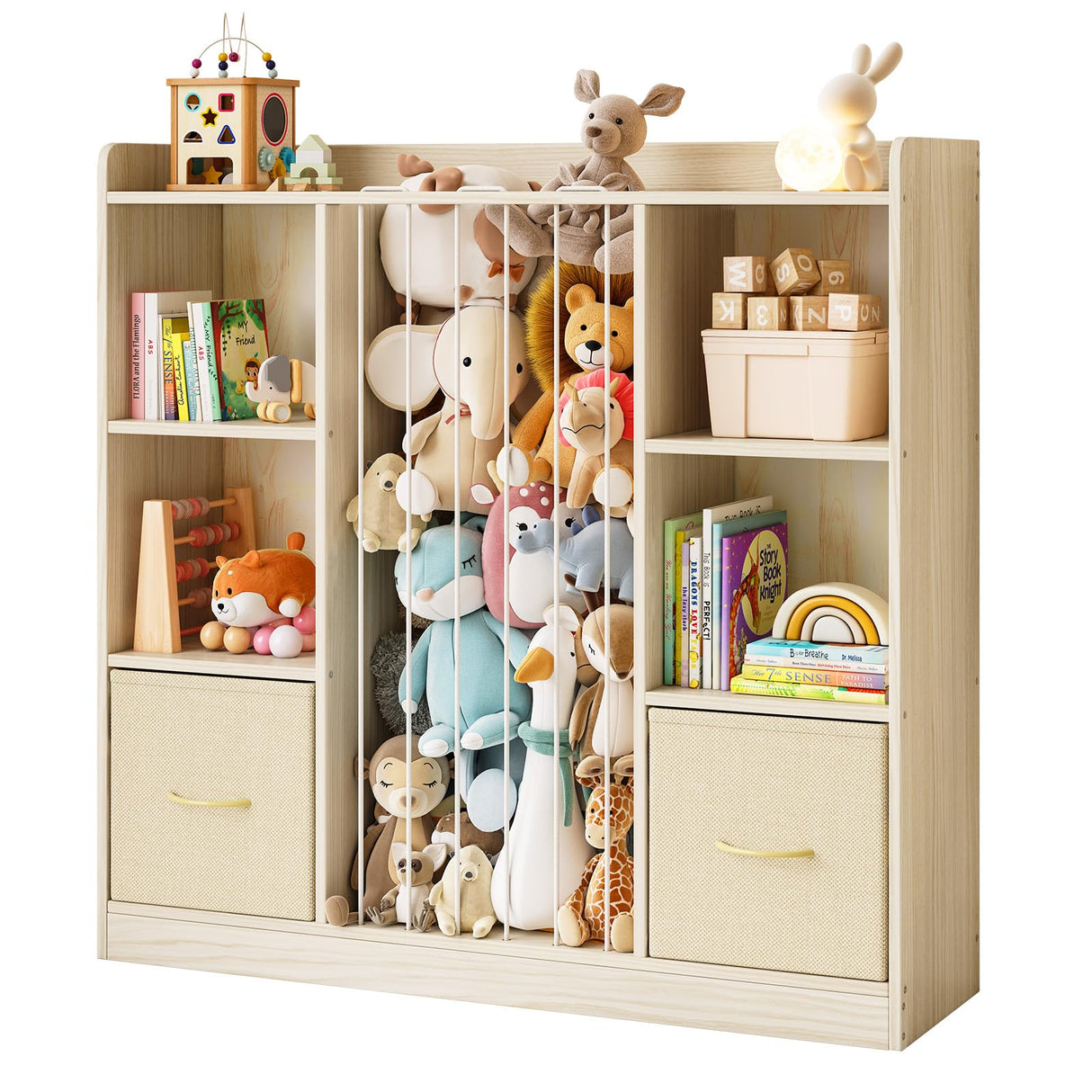 EXPERLAM Toy Storage Organizer with Stuffed Animal Storage, Wooden Toy Organizer & Stuffed Animal Zoo, 6 Cubes Shelf with Removable Drawers, 4 -in-1 Book Shelf for Kids Room, Playroom, Nursery EXPERLAM