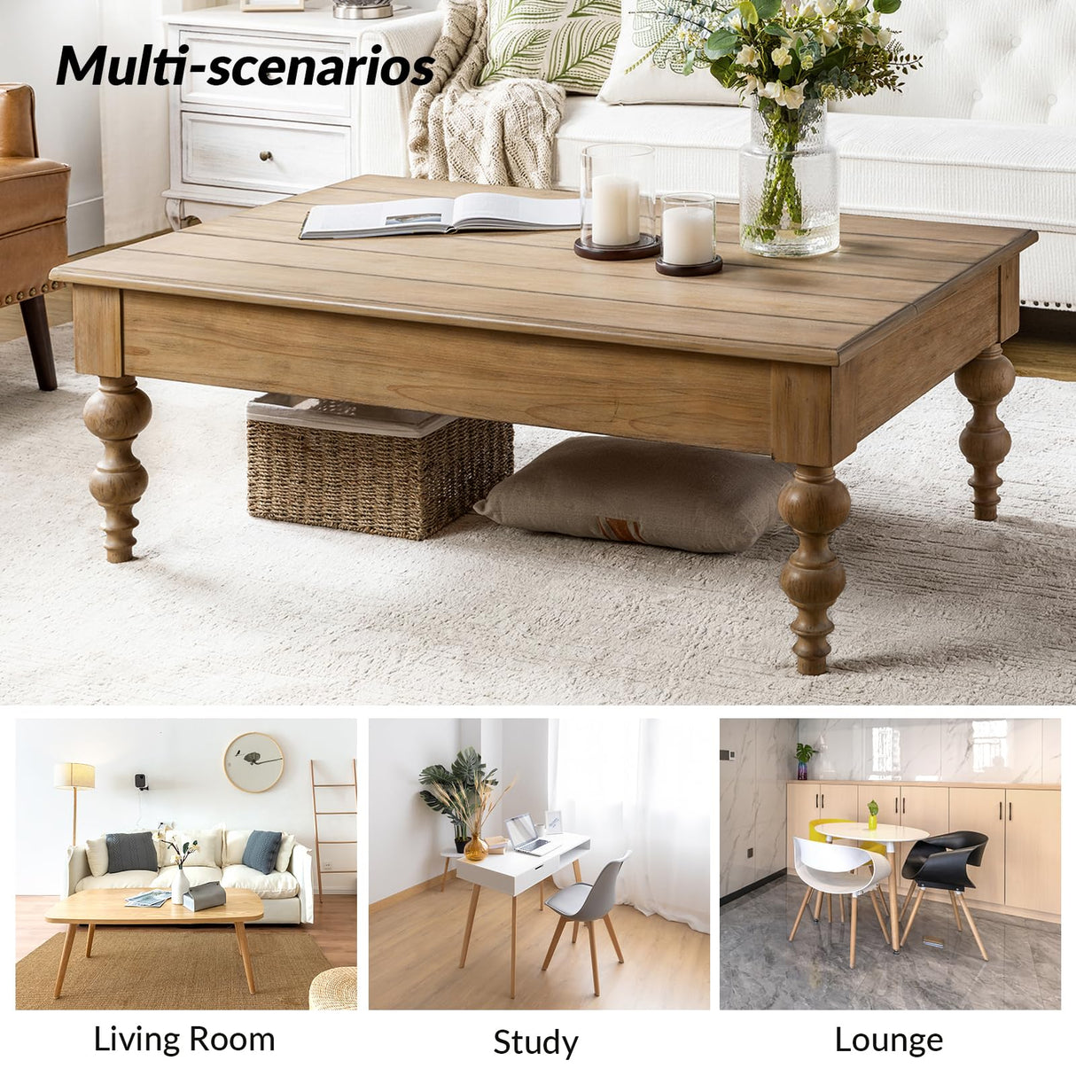 HULALA HOME Wood Lift Top Coffee Table with Storage, Farmhouse Convertible Dining Table for Living Room, Large Rectangle Rustic Central Table with Hidden Compartment, Acorn HULALA HOME