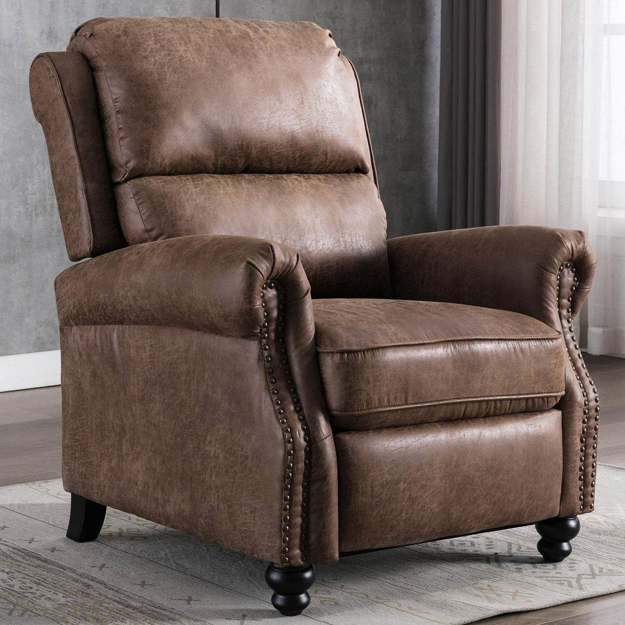 CANMOV Pushback Recliner Chair Faux Leather Armchair Push Back Recliner with Rivet Decoration Single Sofa Accent Chair for Living Room, Chocolate CANMOV