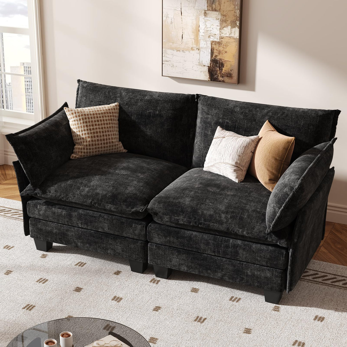 KKL Modular Sectional Sofa, Loveseat 2 Seater Cloud Couch with Ottoman, Chenille Modern Sectional Couches for Living Room, Apartment KKL