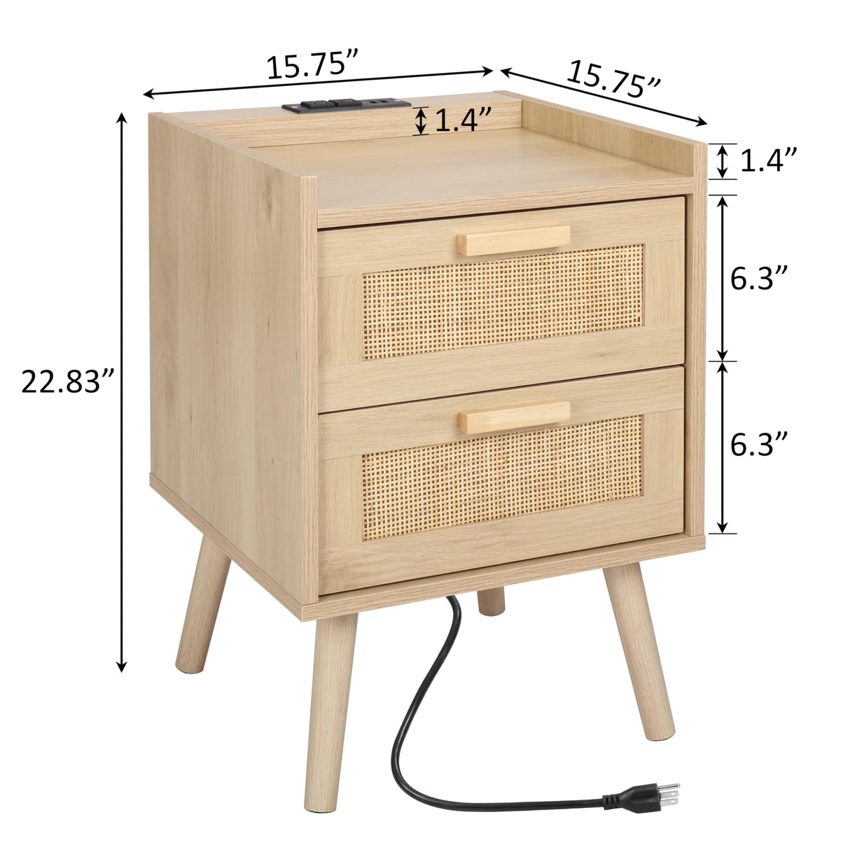 Finnhomy Nightstand with Charging Station, Bedside Table with 2 Hand Made Rattan Decorated Drawers, Night Stand with Storage for Bedroom, Natural Finnhomy
