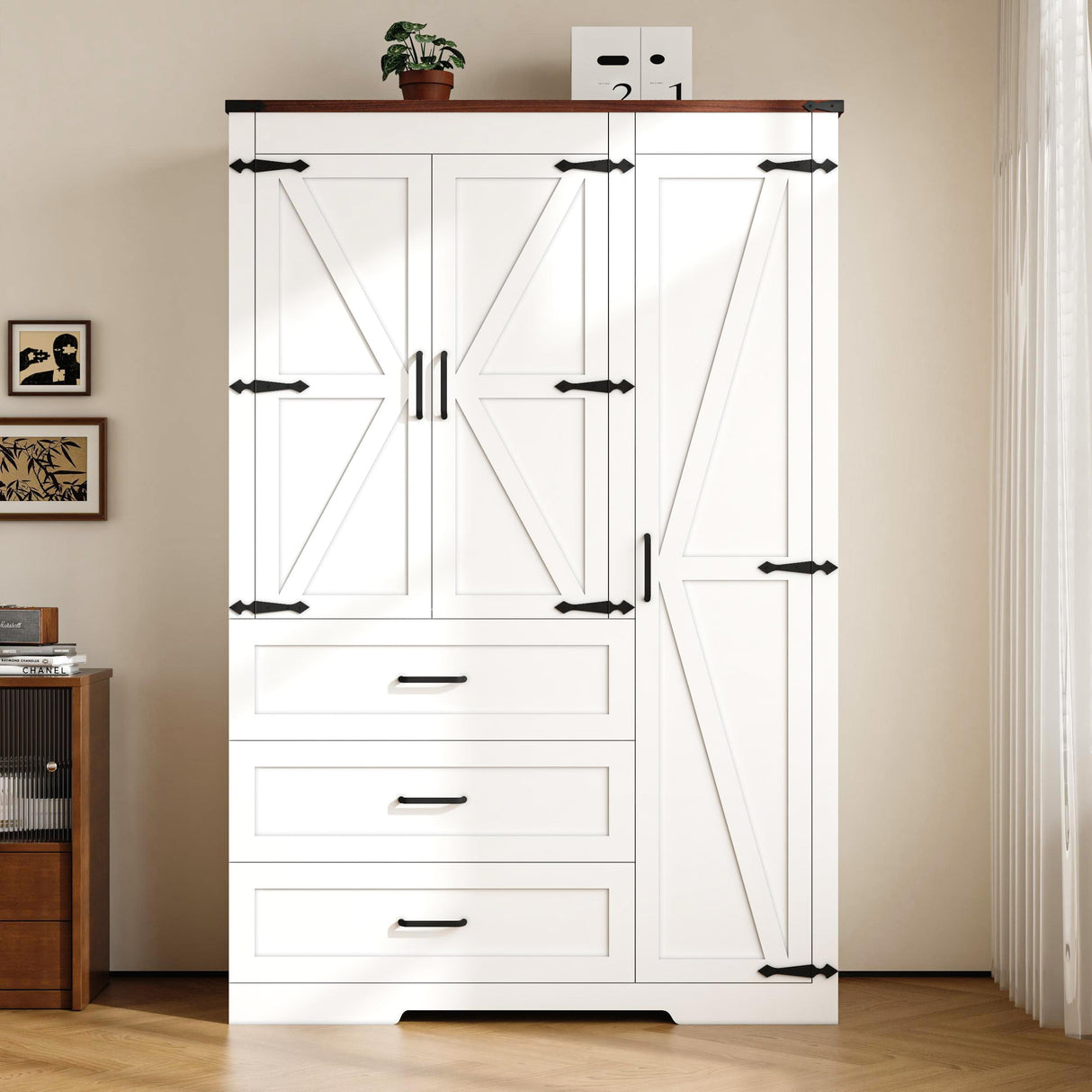 3 Door Armoire Wardrobe Closet Cabinet with 3 Drawers and Drawers, Farmhouse Bedroom Armoire with Hanging Rod and Adjustable Shelves, Large Capacity Storage Wardrobe Armoire for Bedroom, White DalyLuxa