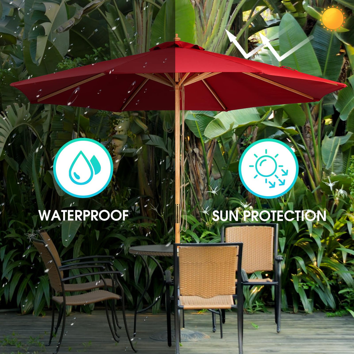 CASUNER 9FT Bamboo Umbrella, Outdoor Patio Umbrella, Waterproof Market Umbrella, 8 Ribs Table Umbrella with Pulley Lift for Garden, Deck, Pool, lawn, Backyard (RED) CASUNER