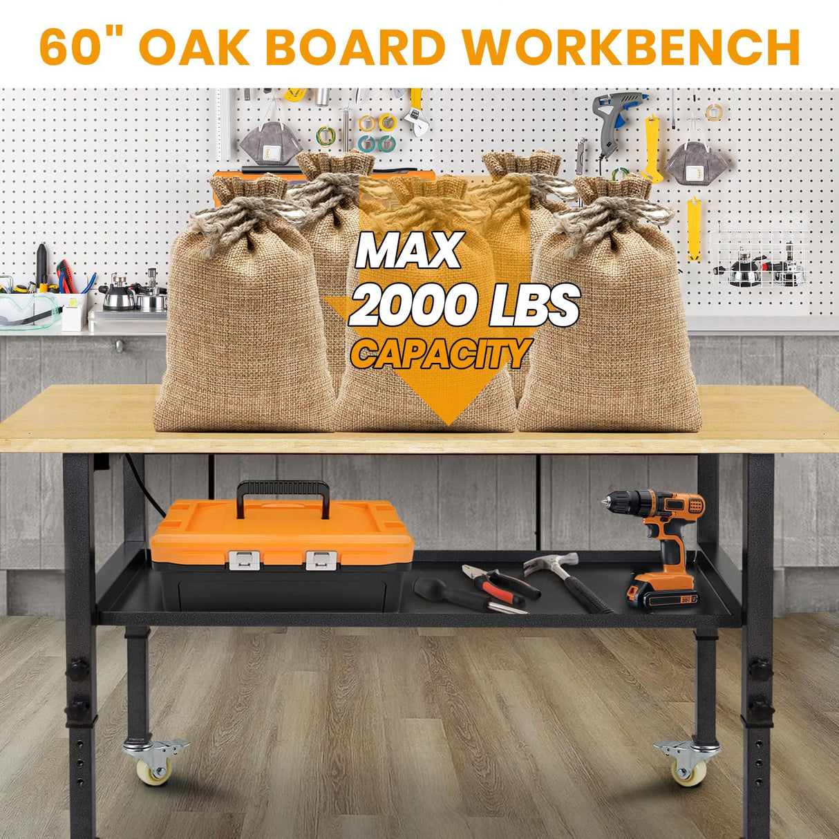 48"/60'' Adjustable Workbench, Rubber Wood Top Work Bench Heavy-Duty Work Table with Power Outlet, Wheels, Partition 2000 LBS Load Capacity Hardwood Work Benches for Garage, Workshop, Home, Office Polar Aurora