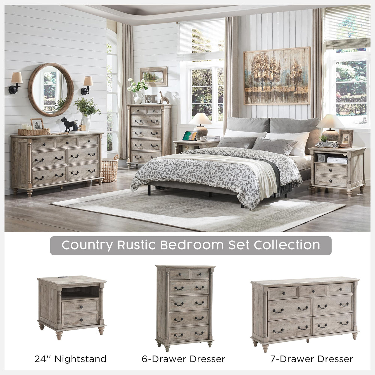 T4TREAM 24'' Farmhouse End Table w/4 Solid Wood Feet, Large 2 Drawers Wide Sofa Side Table with Charging Station, Tall Rustic Wood Square Nightstand for Living Room, Bedroom, Office, Light Rustic Oak T4TREAM