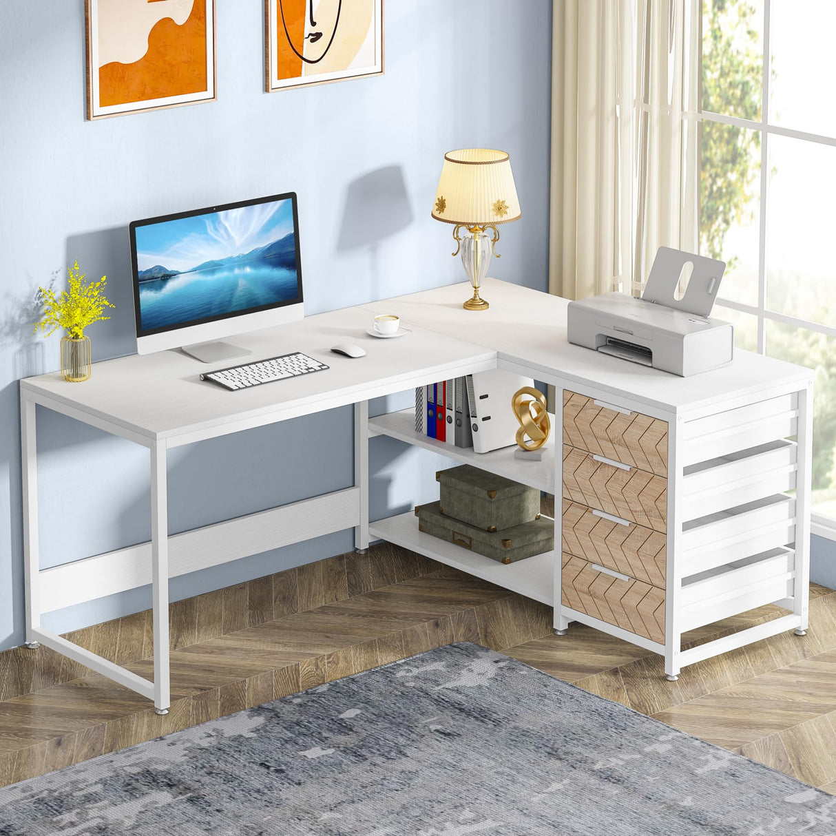 Tribesigns L Shaped Computer Desk with Storage Drawers, 59 inch Corner Desk with Shelves, Reversible L-Shaped Office Desk Study Writing Table Workstation for Home Office, White Tribesigns