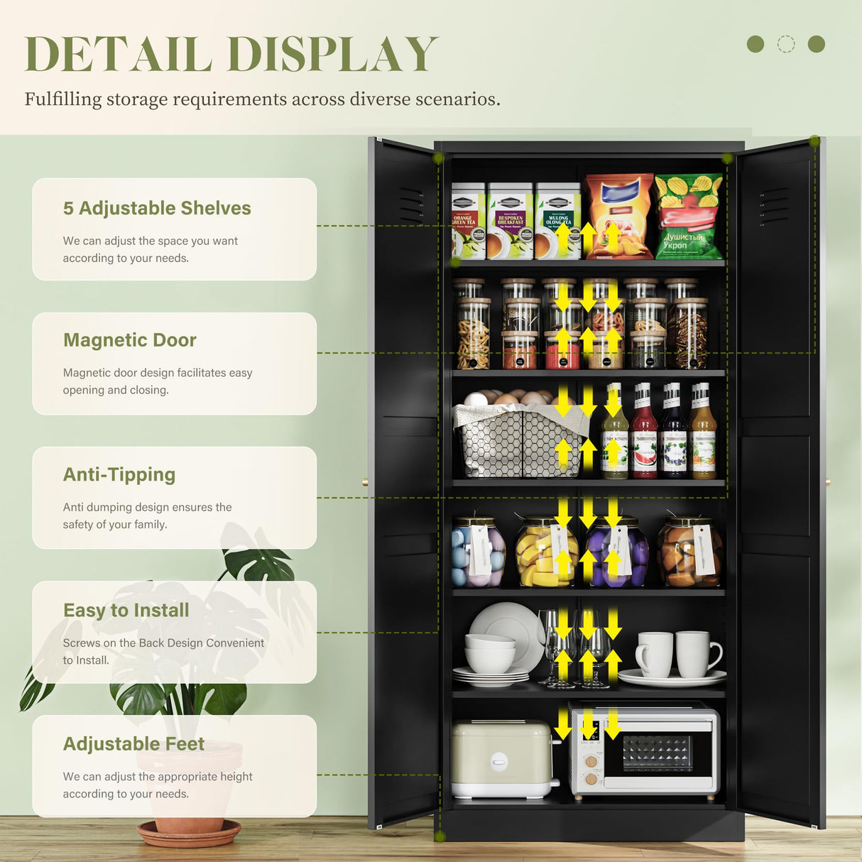 RAVIGIN Metal Storage Cabinet,71" H Pantry Cabinet with 2 Doors and 5 Adjustable Shelves,6 Tier Tall Kitchen Storage Cabinets for Kitchen,Pantry,Living/Study/Laundry Room(Black) RAVIGIN