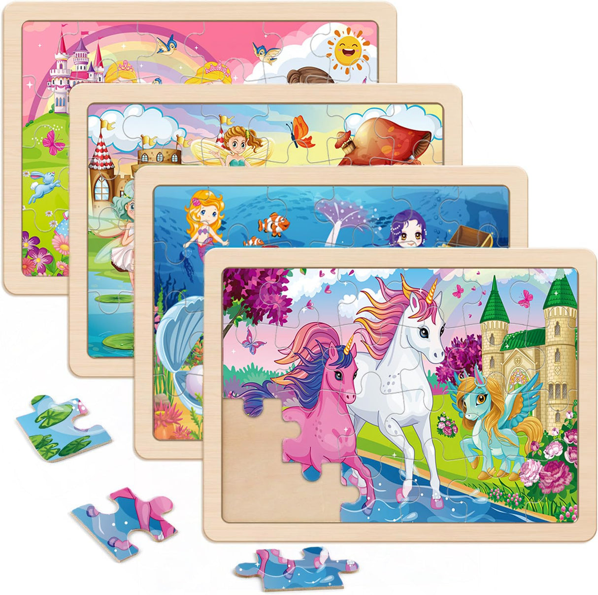 Wooden Puzzles for Kids Ages 4-6, 4 Packs 24 PCs Unicorn Mermaid Princess Fairy Jigsaw Puzzles, Preschool Educational Brain Teaser Toys for Girls 3 4 5 6 Years Old. VOMYOZB
