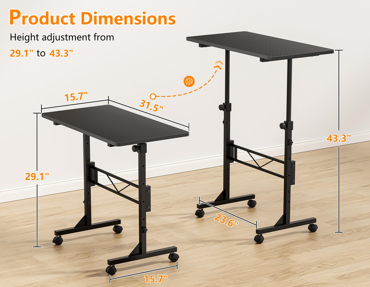 HOMIDEC Standing Desk, 32 Inch Portable Small Desk Adjustable Height, Rolling Home Office Desks with Wheels, Sit Stand Desk for Bedroom Walking Pad Home Office Small Space, Black HOMIDEC