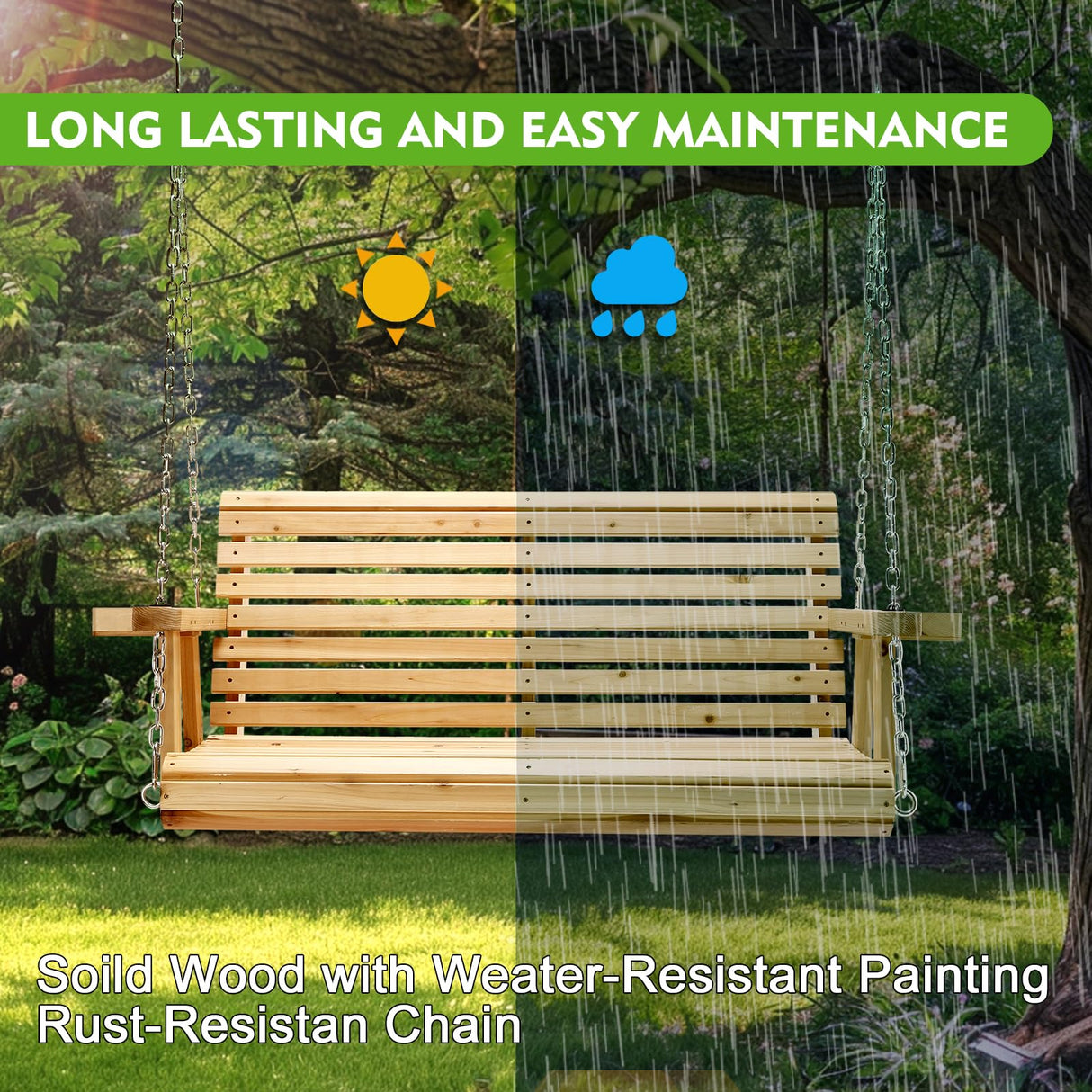 Kybolt Wooden Porch Swing with Hanging Chain,2-Seater Patio Swing Chair with Cup Holders,Outdoor Swing Bench for Porch Courtyard Garden Balcony KYBOLT