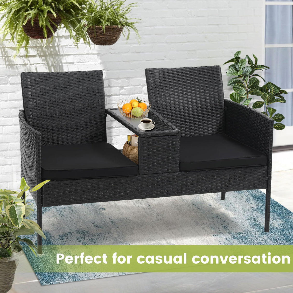 Kromax Wicker 2 Seat Patio Loveseat, Outdoor Rattan Loveseat with Table, Washable Cushion Covers, Backyard, Garden, Lawn, Black Rattan with Black Cushion Kromax