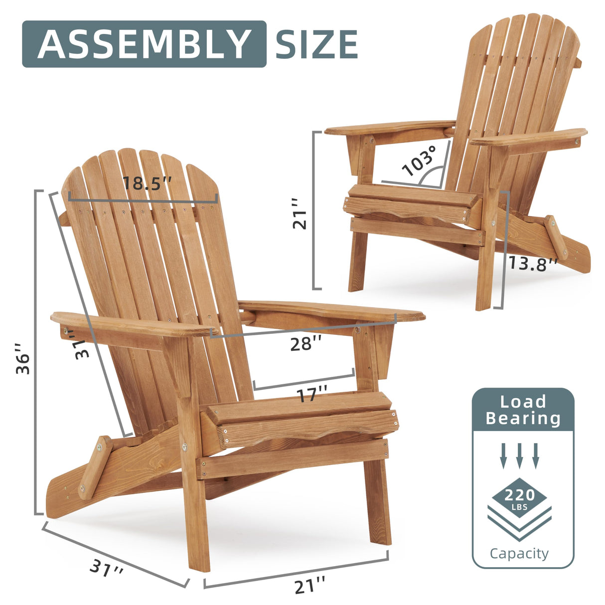 Wooden Folding Adirondack Chair Set of 2, Half Pre-Assembled Wood Lounge Chair for Outdoor Patio Garden Lawn Backyard Deck Pool Beach Firepit Light Brown Wood-Natrl