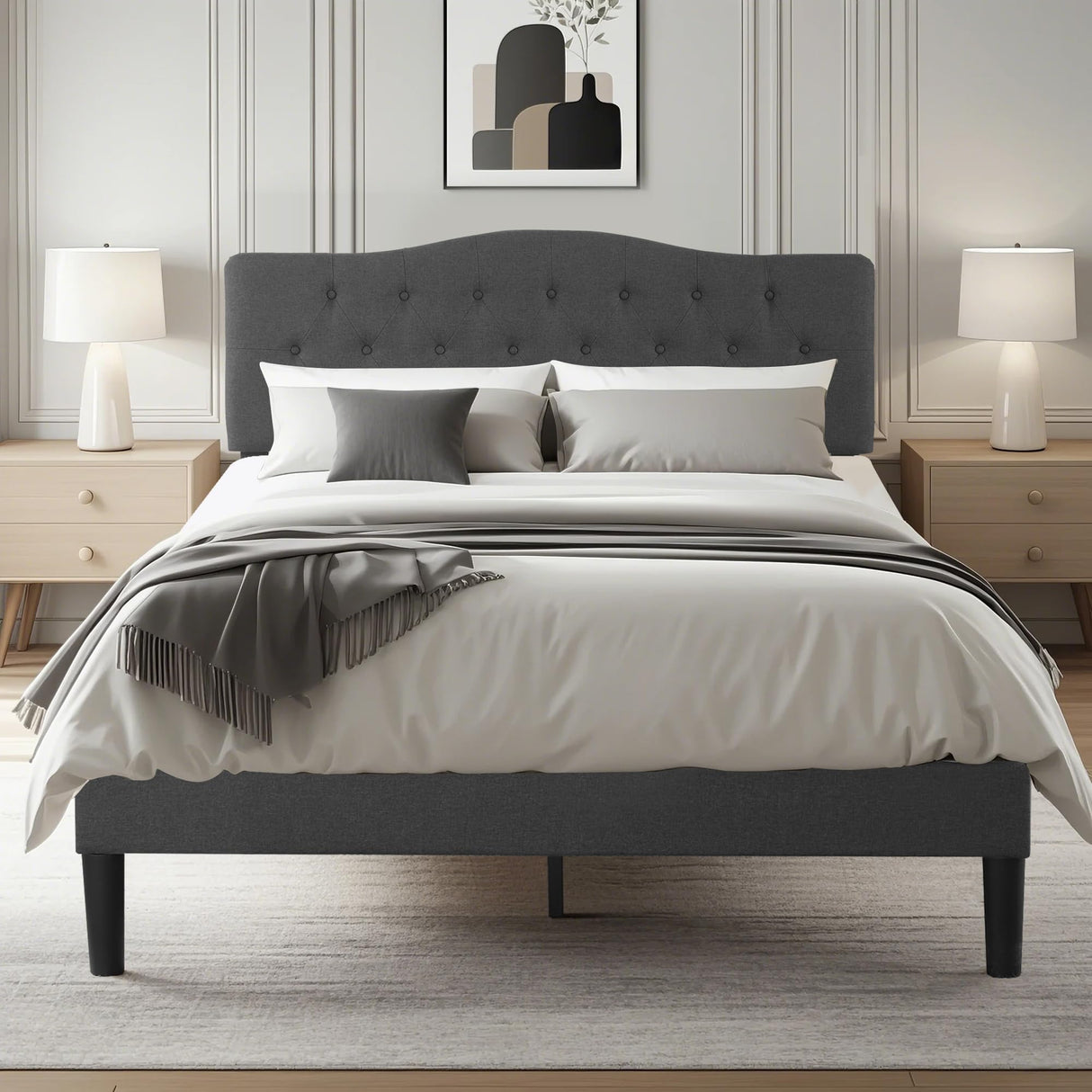 VECELO Full Size Bed Frame Upholstered Platform with Tufted Adjustable Headboard/Mattress Foundation Wood Slat Support/Easy Assembly,Grey VECELO