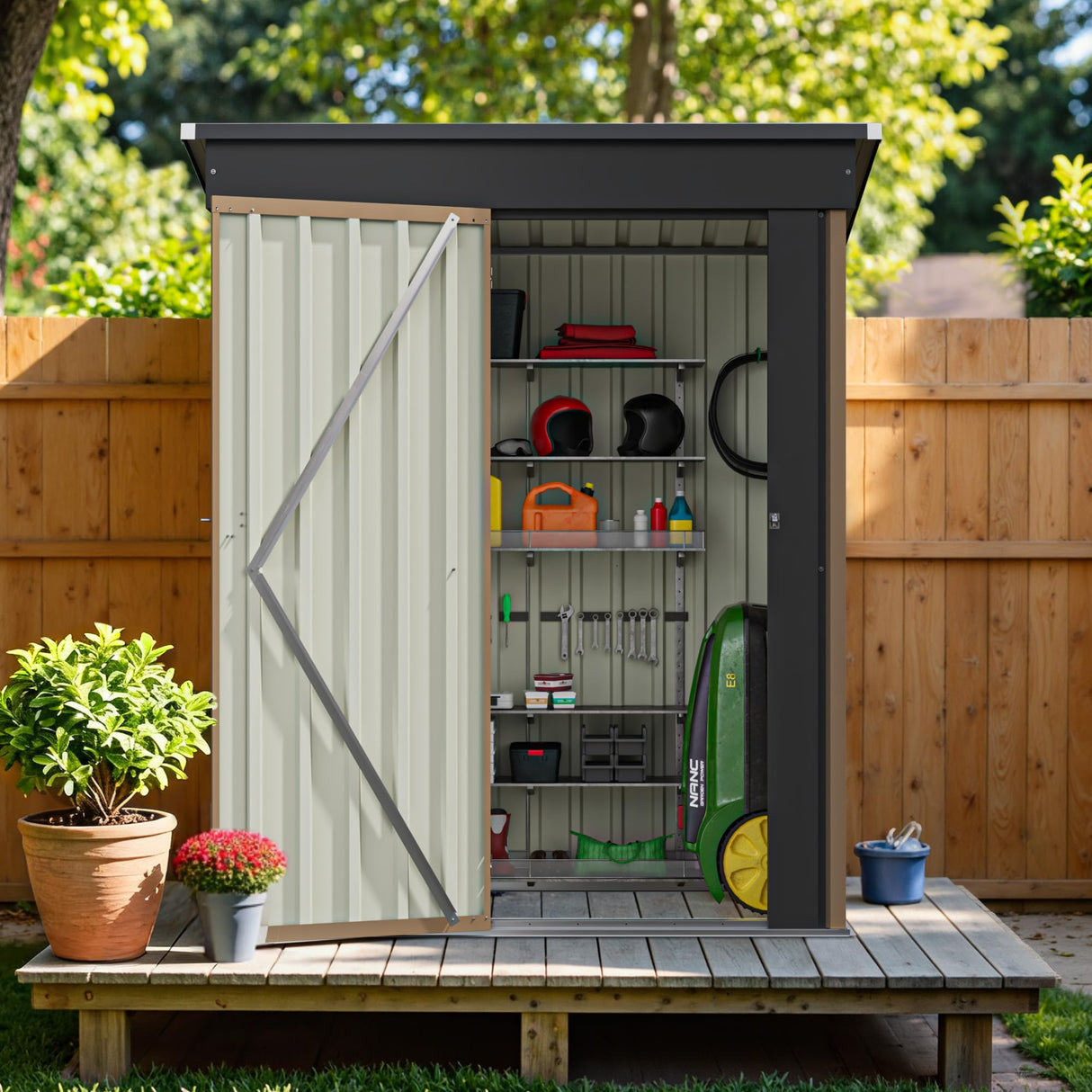 Greesum 5×3FT Outdoor Storage Shed, Metal Patio Storaged Sheds with Lockable Doors, Sheds & Outdoor Storage for Bike, Backyard, Pool and Garden, Brown Greesum