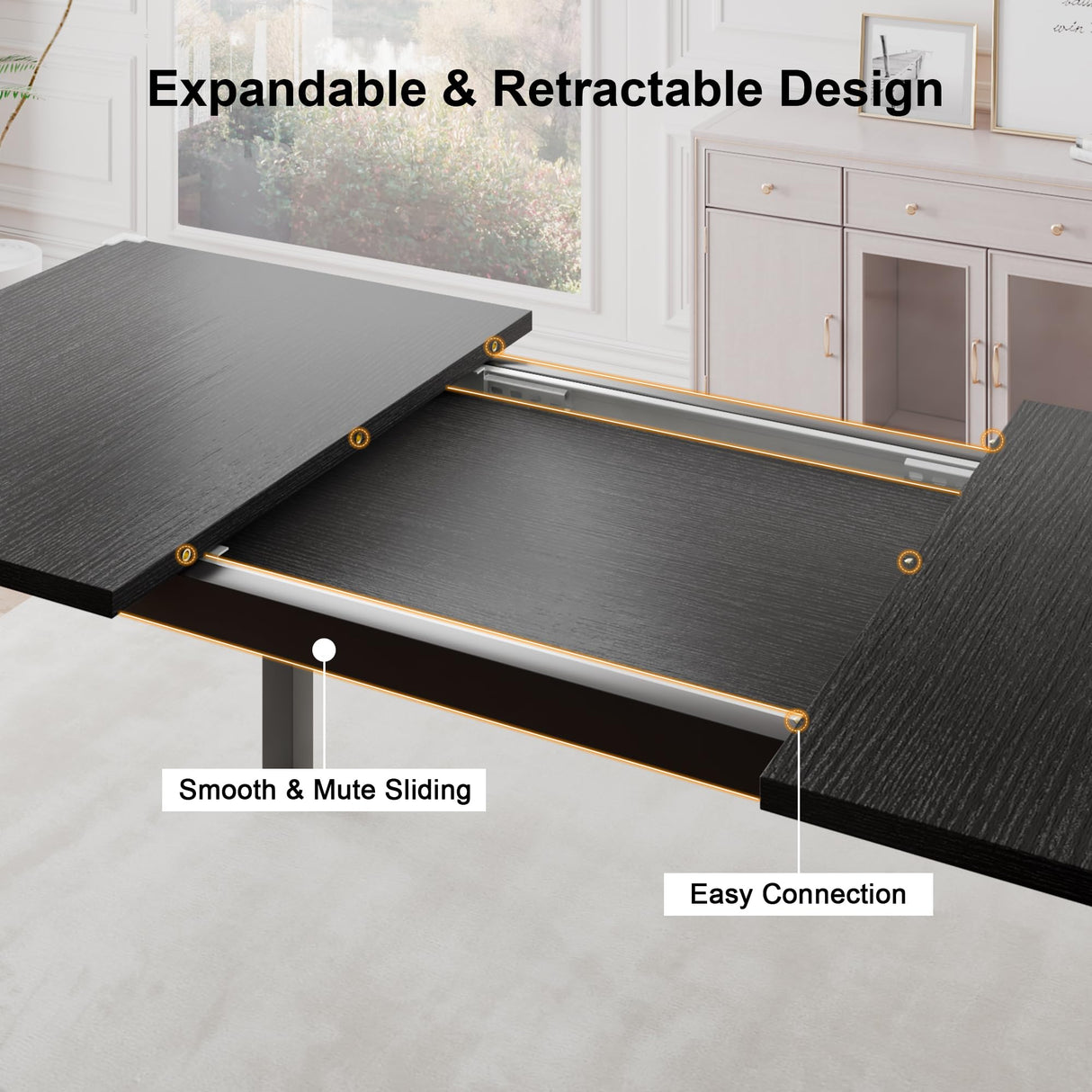 Einhomn 7-Piece Dining Room Table Set with 6 Chairs, 63" Extendable Dining Table & Chairs Set for 4-6, MDF Board & Metal Frame, for Kitchen, Dining Room, Black Einhomn