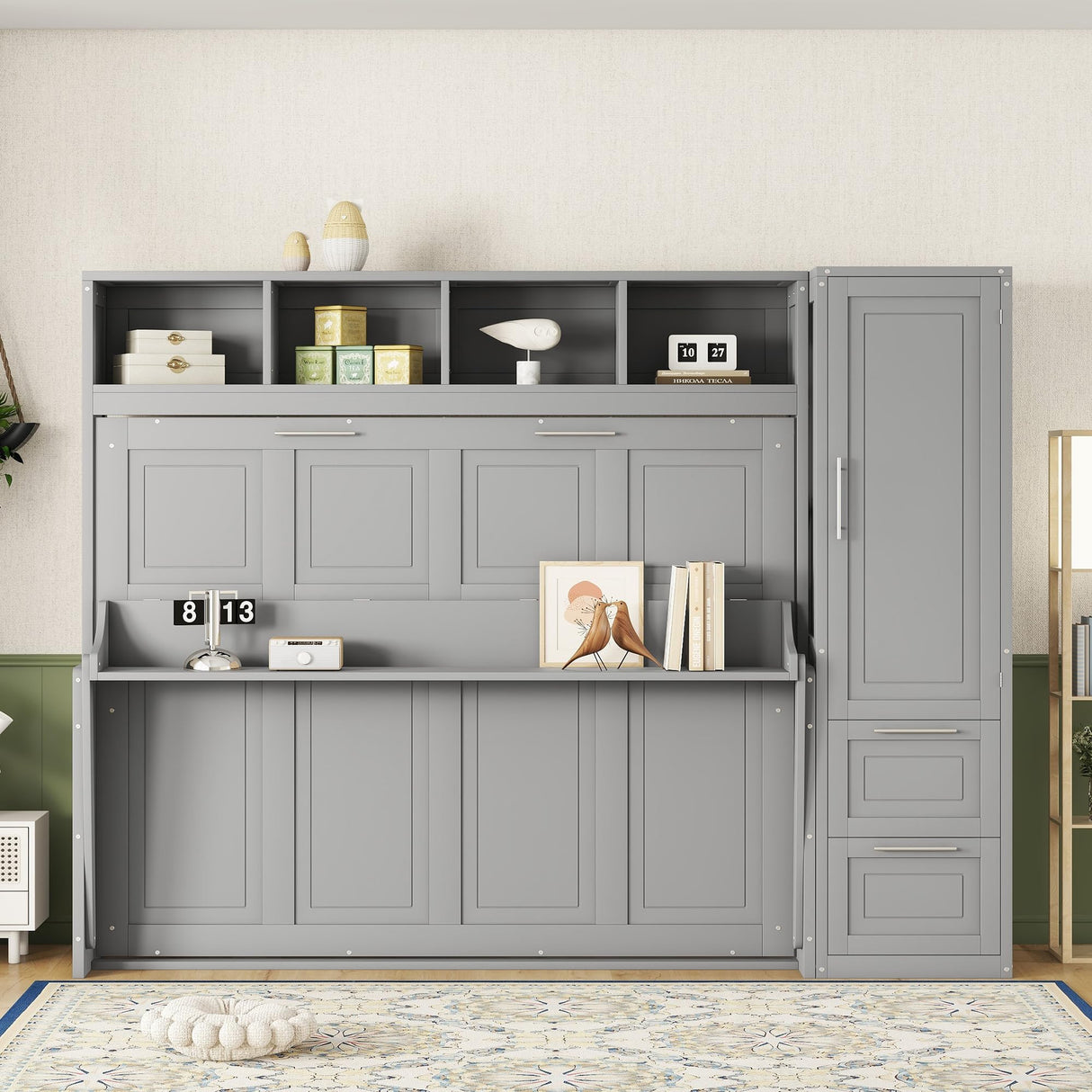 Queen Size Horizontal Murphy Bed Cabinet with Storage Shelves Top and 2 Drawers, Queen Hidden Murphy Wall Beds with Small Closet Wardrobe for Adults, No Box Spring Needed, Grey Merax