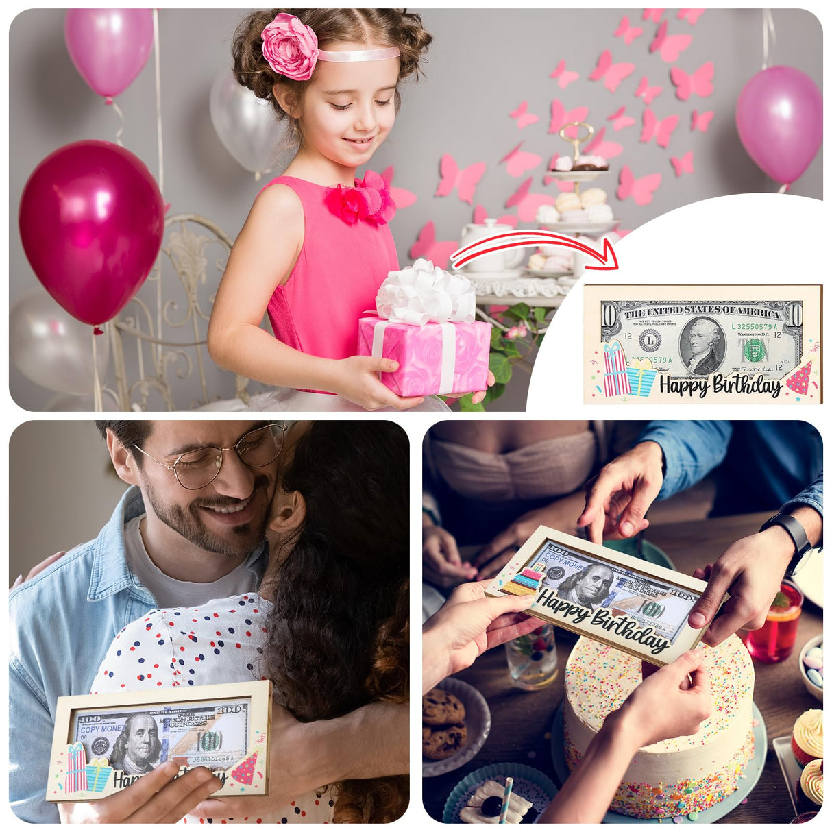 Beeveer 3 Pieces Birthday Money Gift Holder Wooden Birthday Card Box Cash Holder Cake Balloons Cash Envelope Money Wallet Birthday Money Gift DIY Money Holder Birthday Present for Birthday Party Beeveer