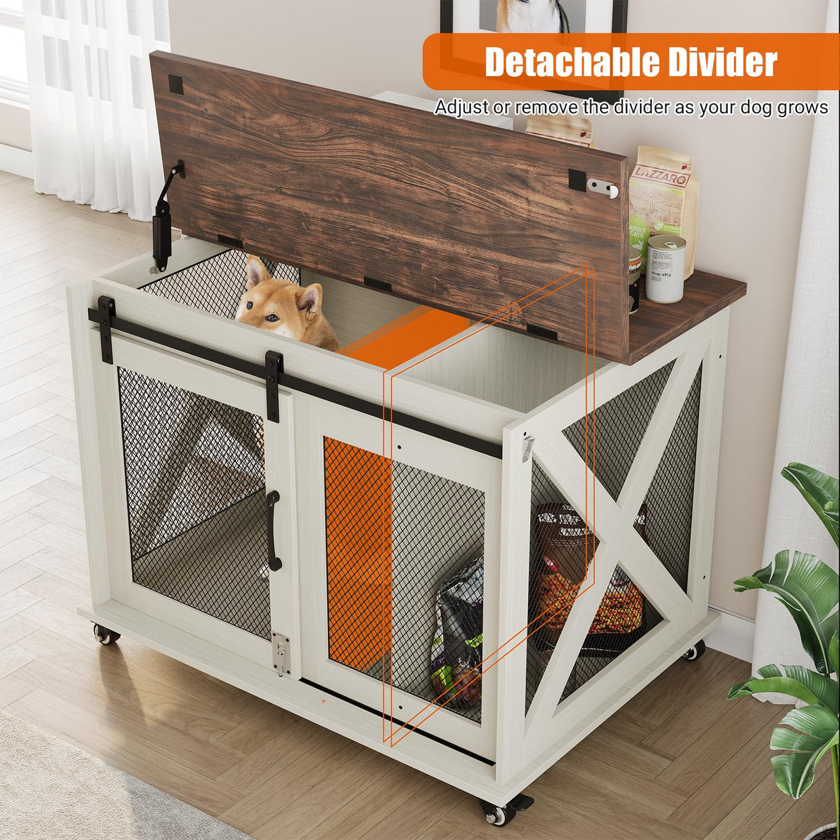 IDEALHOUSE 37'' Dog Crate Furniture Side End Table with Flip Top and Movable Divider, Wooden Dog Crate Table Large, Style Dog Kennel Side End Table, White IDEALHOUSE