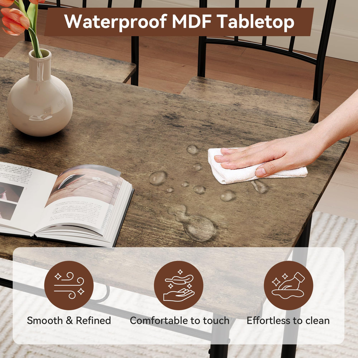 Vipbear Kitchen Dining Table Set for 4, 5-Piece Kitchen Table Set,Dining Room Table Sets,Rectangular Kitchen Table Set with 4 Chairs for Small Space, Dinette,Apartment, Rustic Brown Vipbear