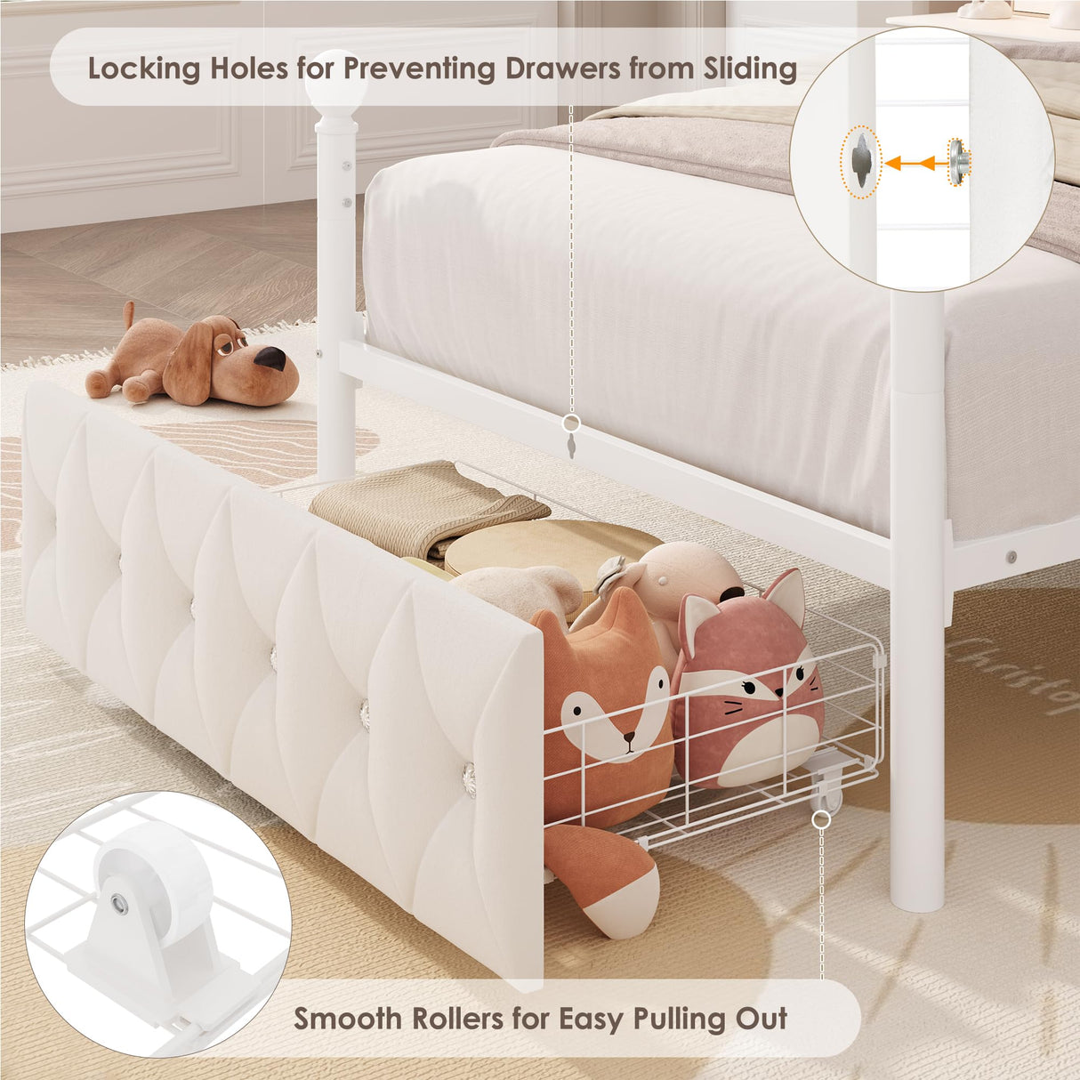 Keyluv Twin Upholstered Canopy Bed Frame with Drawer & Crystal Tufted Storage Headboard Metal Platform Bed with Charging Station & 4 Removable Posts No Box Spring Needed Curtain Not Included, Beige Keyluv