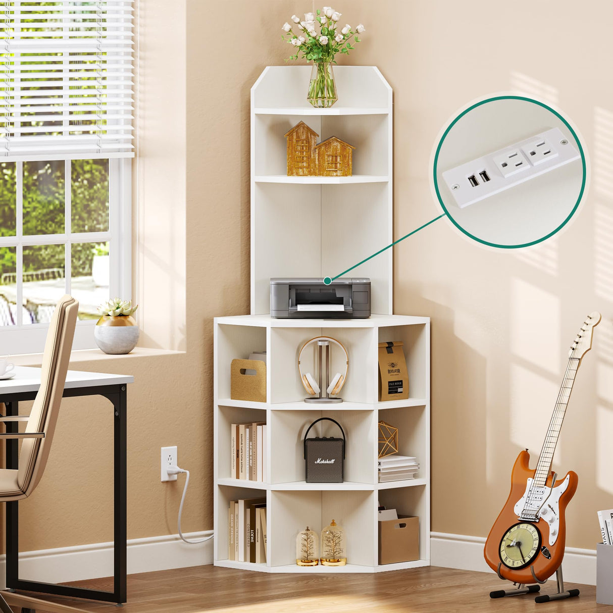 YITAHOME Corner Shelf with USB Ports & Outlets, Modern Corner Storage Cabinet Rack Charging Station, Wooden Display Bookshelf Bookcase for Living YITAHOME