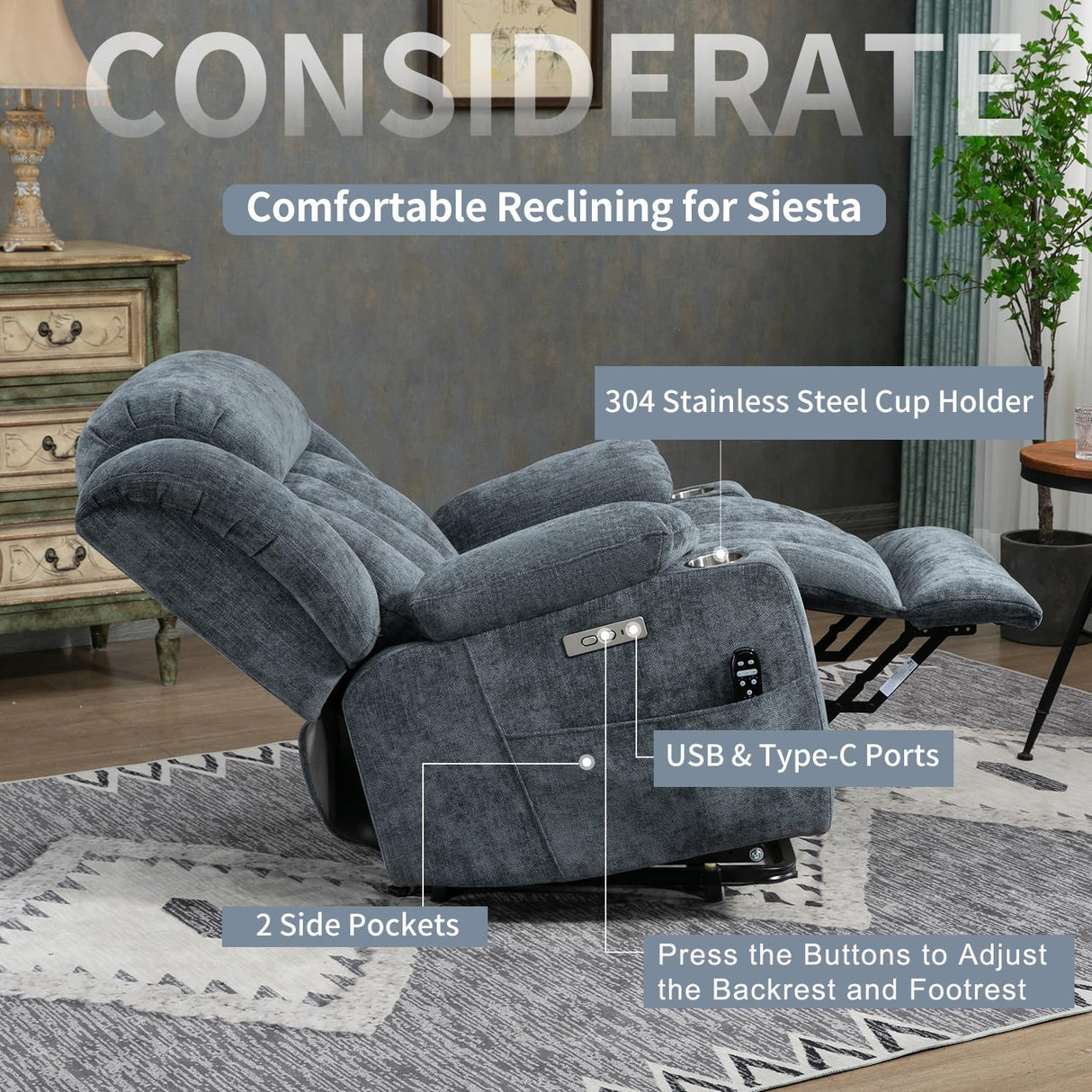 Trustyue Power Lift Chair with Full-Body Massage and Heat, Electric Recliner Chairs for Adults, Remote Control, Standing Assistance, USB Ports, Stainless Steel Cup Holders, Chenille Blue Trustyue