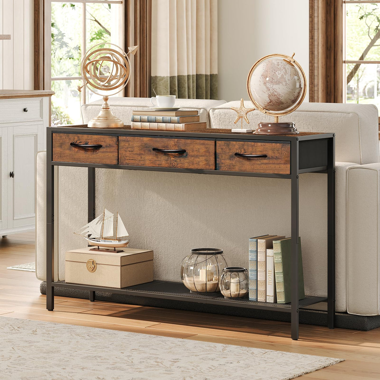 MAHANCRIS Console Table with Drawer, Industrial Entryway Table with Storage, Narrow Sofa Foyer Table for Living Room, Entrance, Hallway, Couch, Corridor, Rustic Brown and Black CTHR23301 MAHANCRIS