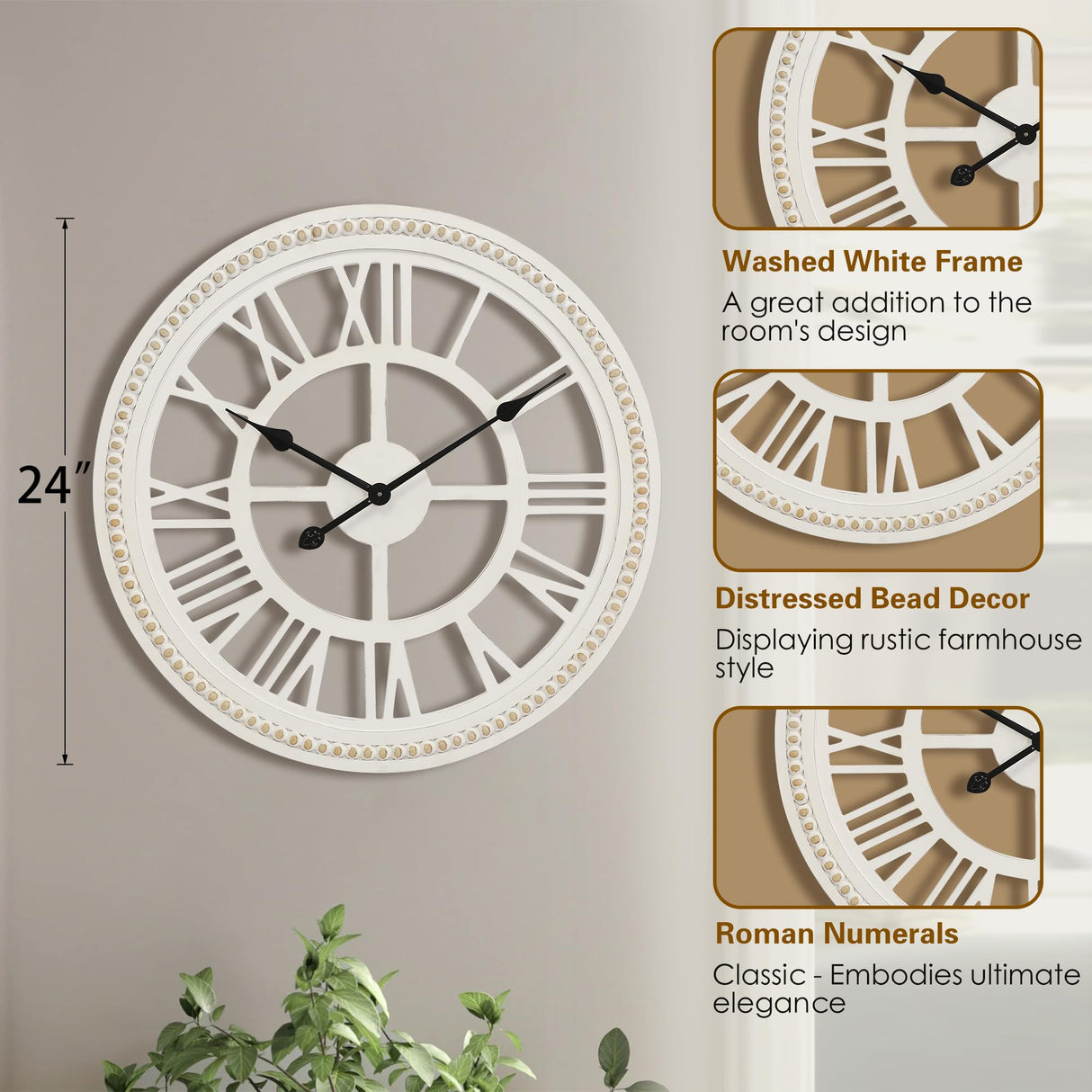 RiteSune 24 Inch Large Farmhouse Wall Clock, Rustic Wall Clock Decor, Wooden, Non-Ticking, Easy to Hang for Living Room, Bedroom, Kitchen RiteSune