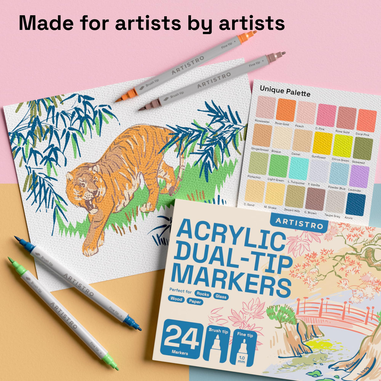 ARTISTRO 24 Acrylic Paint Pens, Art Set Acrylic Paint Markers Dual Tip (Brush + Fine 1mm), Acrylic Markers for Fabric, Canvas, Rock, Glass, Wood, Paper, DIY, Paint Markers for Kids and Adults, Pastel ARTISTRO