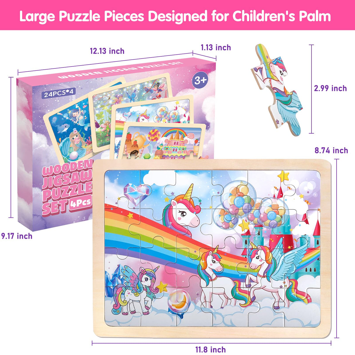 Jigsaw Puzzles Wooden Puzzles for Girls Ages 3-5 Unicorn Mermaid Princess Fairy Puzzle Preschool Educational Brain Teaser Boards Toys Gifts for 3 4 5 6 Year Old Kids 4 Packs 24 Pcs Wuzhineisn