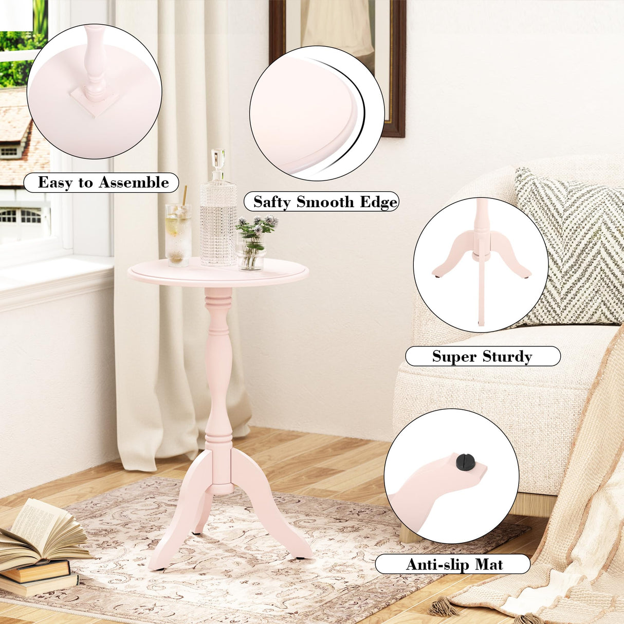 HLR Round Small End Table Wooden Side Table Pedestal Side Table Vintage Accent Tables Nightstand Coffee Table for Living Room, Bedroom, Entryway (1, Pink) HLR