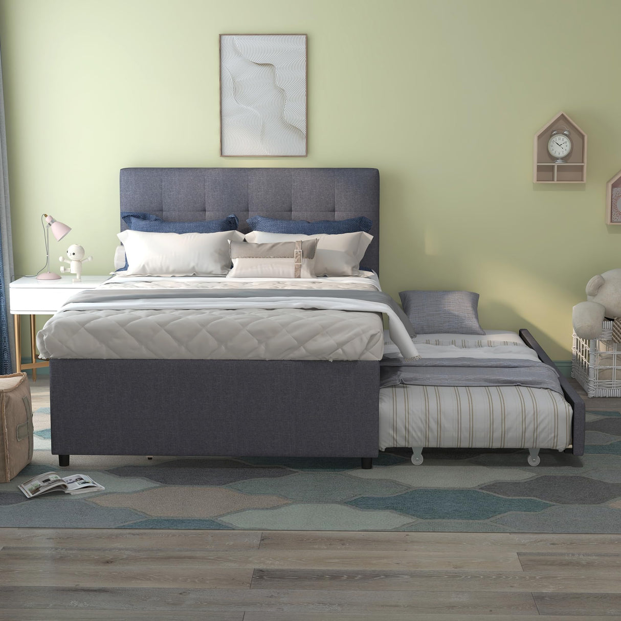 civama Full Bed with Trundle, Upholstered Full Over Twin Pull Out Platform Bed with Soft Linen Headboard & Wooden Slat Support for Bedroom Apartment, No Box Spring Needed, Grey civama