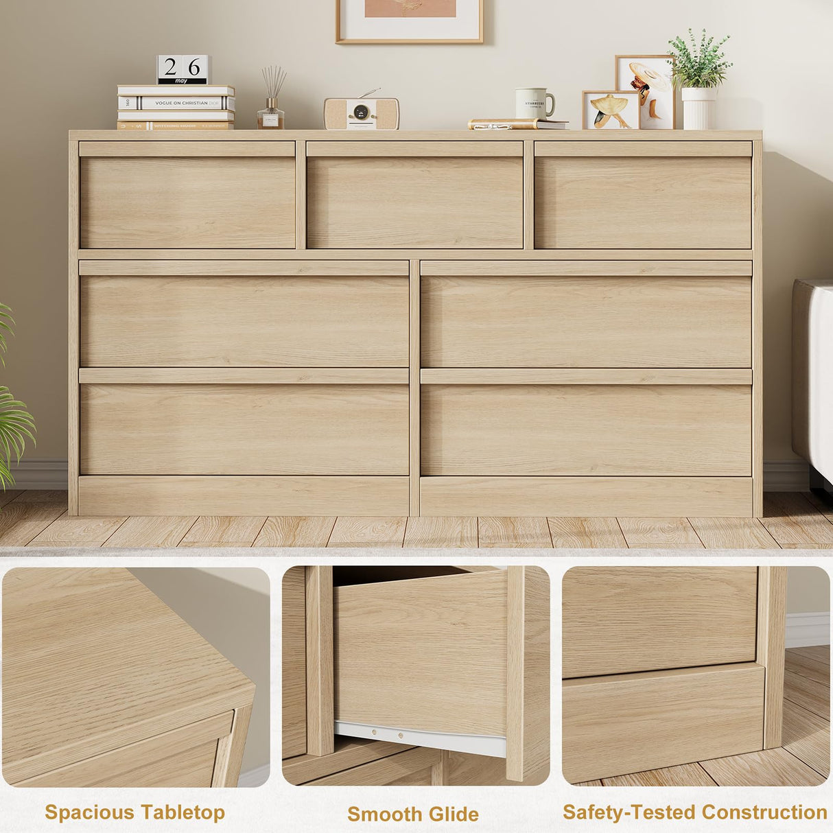 GarveeHome 7 Drawer Dresser for Bedroom, Modern Double Dresser Organizer with 7 Drawers Large Storage, Wooden Chest of Drawers for Bedroom, Living Room, Nursery - Natural GarveeHome
