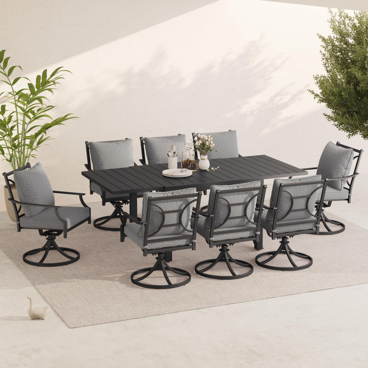 Grand patio 9-Piece Patio Dining Set for 8, E-Coated Outdoor Dining Set Swivel Patio Dining Chairs with Olefin Cushions & 1 Black Extendable Rectangular Faux Woodgrain Table for 6-8 Person Grand patio