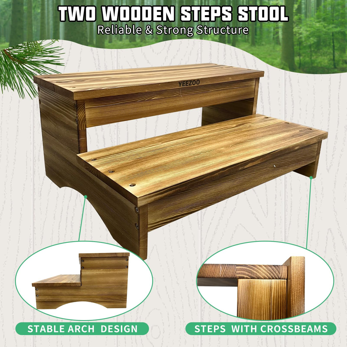 Long wooden step stool, 2 steps wood stool with non-slip pads for kitchen high bed for kids, adults and elderly (26.8" L*20.1" W*11.8" H) yeezoo