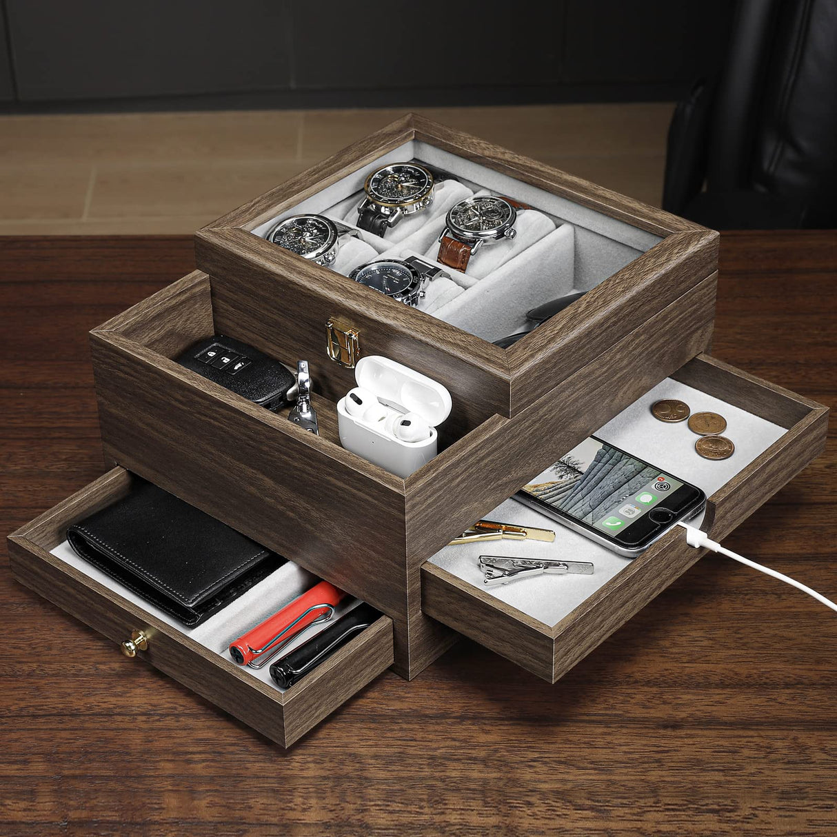 Homde Watch Box for Men Jewelry Organizer with Real Glass Watch Case for Ring, Bracelet, Watch, Necklace, Earrings, and Accessories Homde