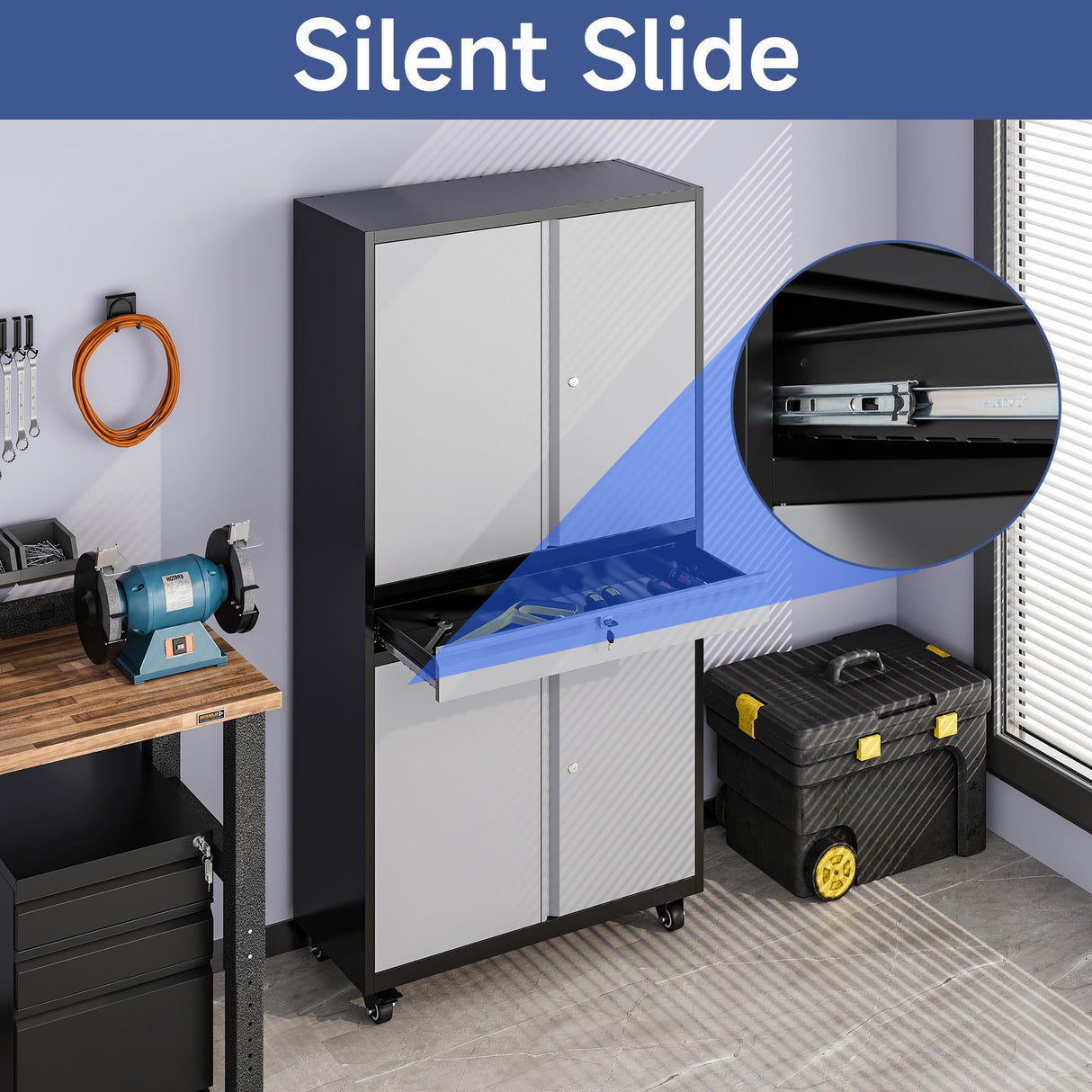 Anxxsu Metal Garage Storage Cabinet with Wheels, 73" Lockable Storage Cabinet with 2 Adjustable Shelves and 1 Drawer for Garage, Utility Room, Warehouse (Black Grey) Anxxsu