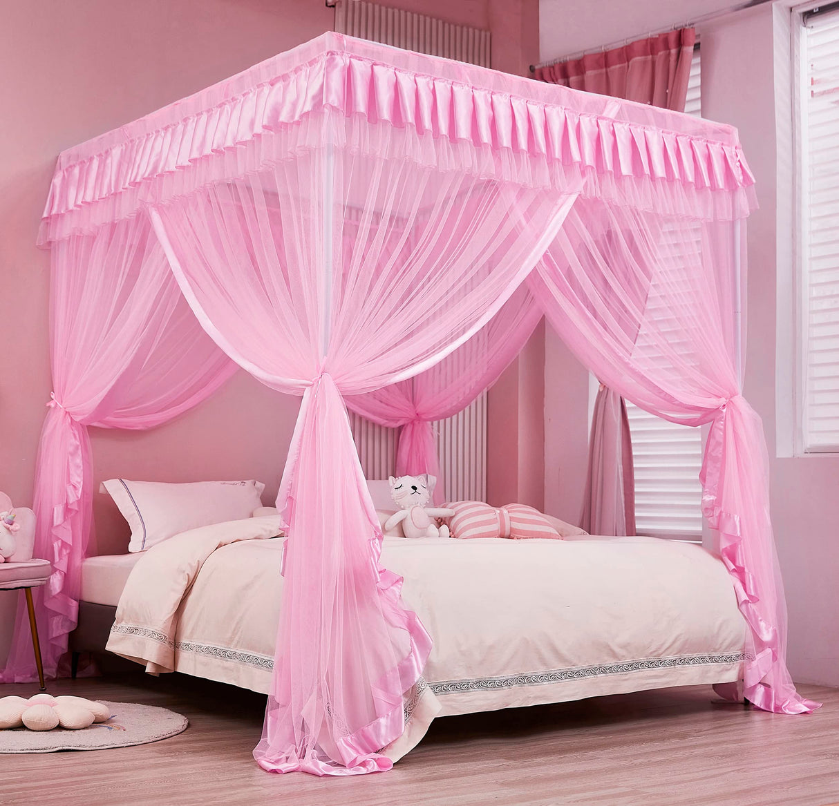 Mengersi 4 Corners Post Canopy Bed Curtains for Girls Full Size - Royal Luxurious Cozy Drape Canopy Bed Frames Netting for Kids Adults- Cute Princess Bedroom Decoration (Pink) Mengersi