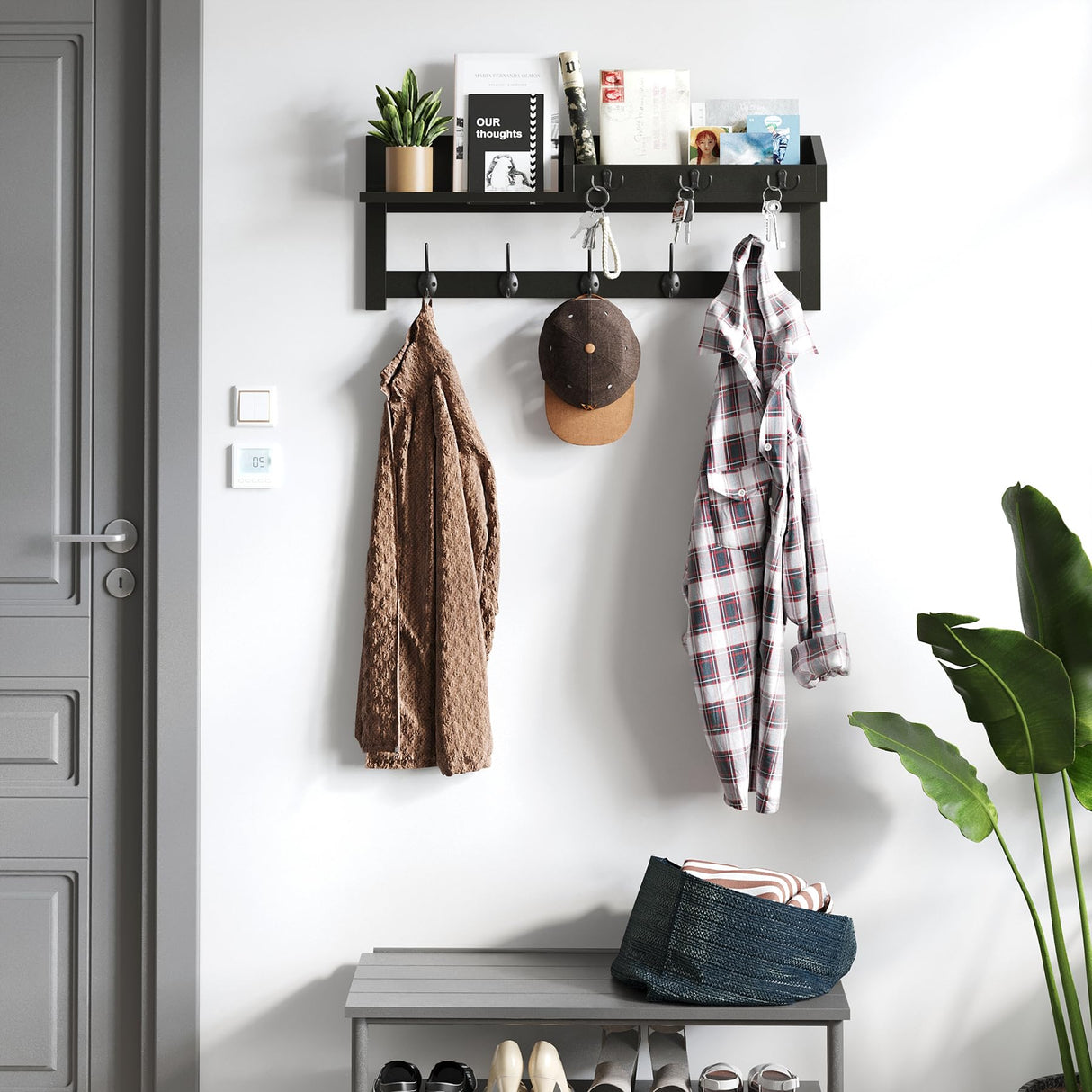 AMBIRD Wall Hooks with Shelf 26.57inch Entryway Wall Hanging Shelf Wood Coat Hooks for Wall Coat Rack Wall Mount Rack with 5 Dual Hooks 3 Key Hooks Mail Organizer and Key Rack Key Holder (Black) AMBIRD