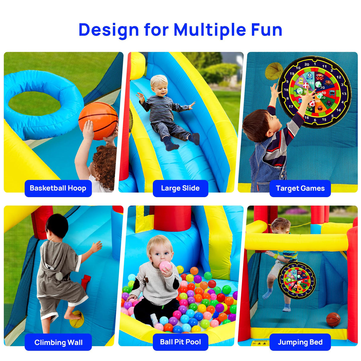 WELLFUNTIME Inflatable Bounce House with Slide, Jumping Castle with Blower, Climbing Wall, Dartboard, Basketball Hoop and 50 Ball Pit Balls, 108x122x86 Inch WELLFUNTIME