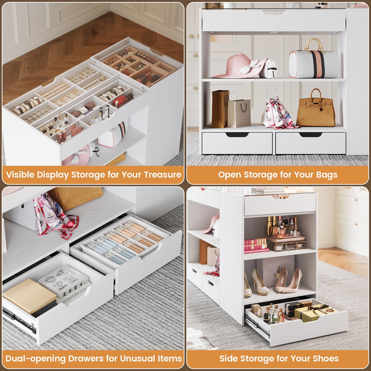 ANCTOR Bedroom Island, 47.4”W Wardrobe Closet Armoire Island with 8 Drawers Glass Top, Jewelry Center Island for Walk in Closet, Dresser for Bedroom Cloakroom Store, White ANCTOR